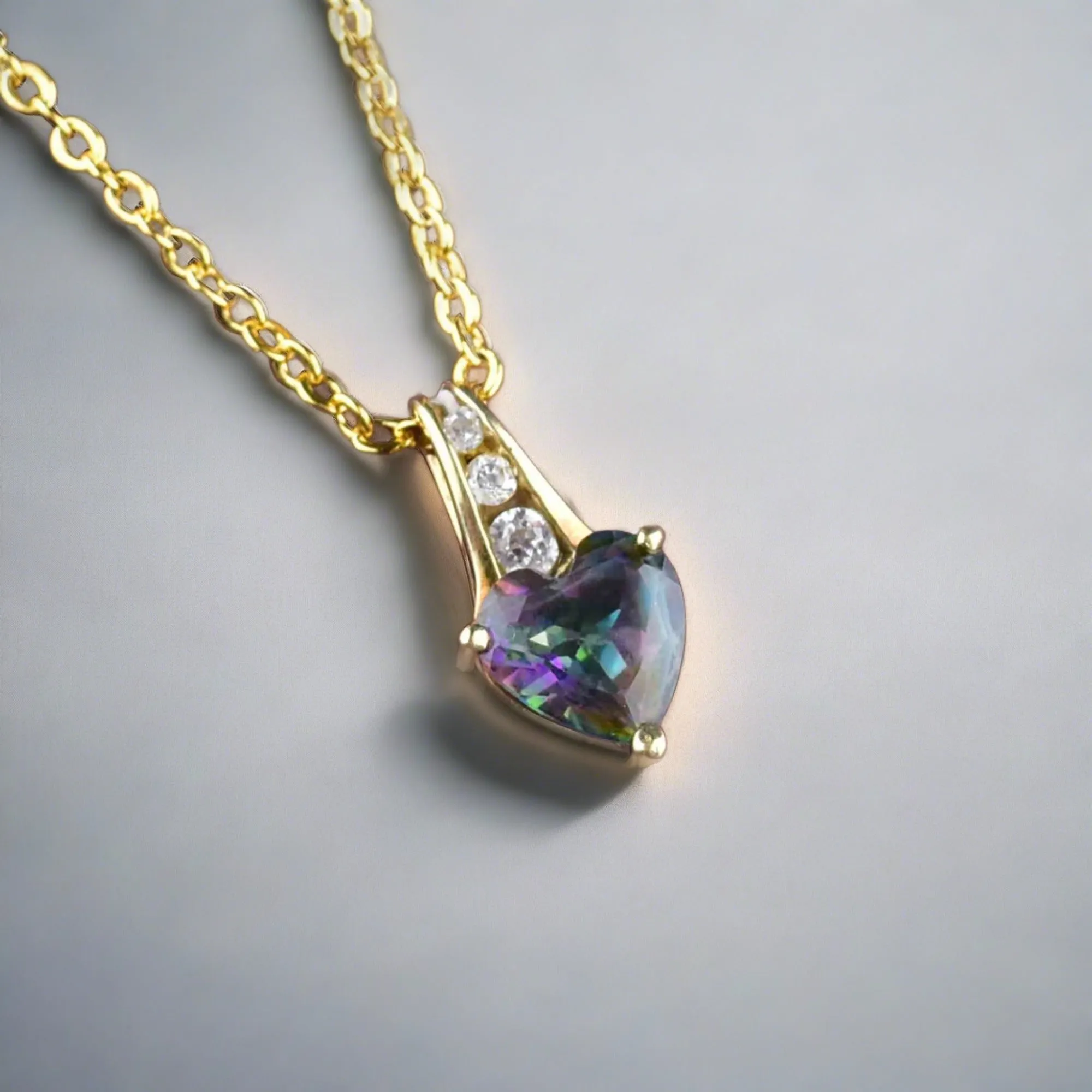 10K Gold Mystic Topaz Heart Pendant Necklace