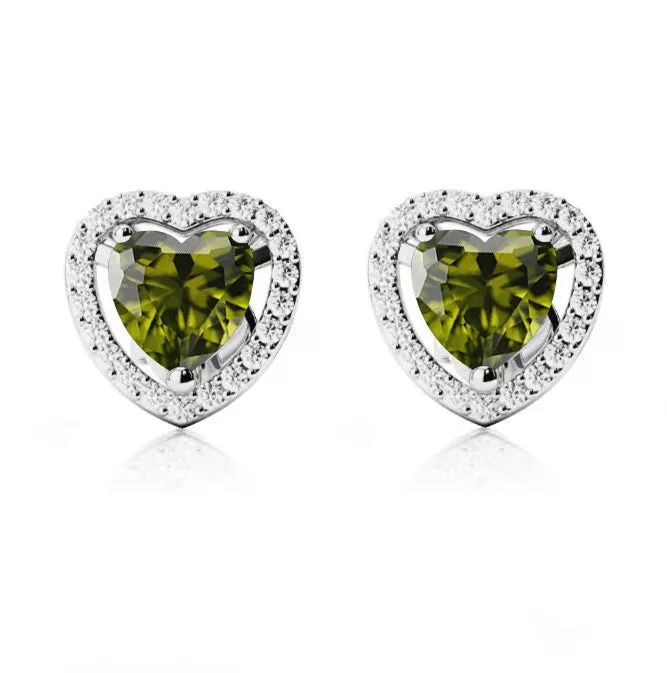 10k White Gold Plated 2 Ct Created Halo Heart Peridot Stud Earrings