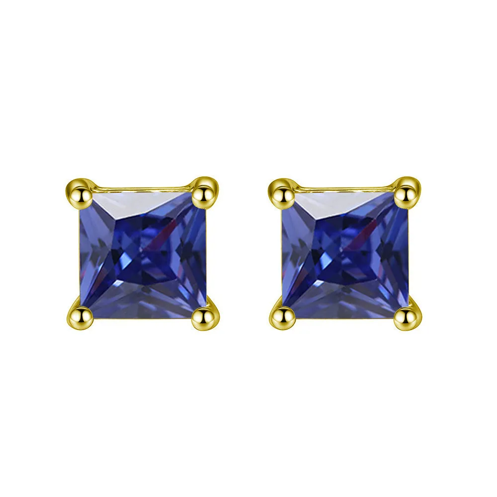 10k Yellow Gold Plated 3 Carat Square Created Blue Sapphire Stud Earrings