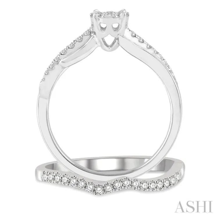 1/2 ctw Lovebright Diamond Wedding Set With 1/3 ctw Circular Mount Bypass Engagement Ring and 1/6 ctw Chevron Wedding Band in 14K White Gold