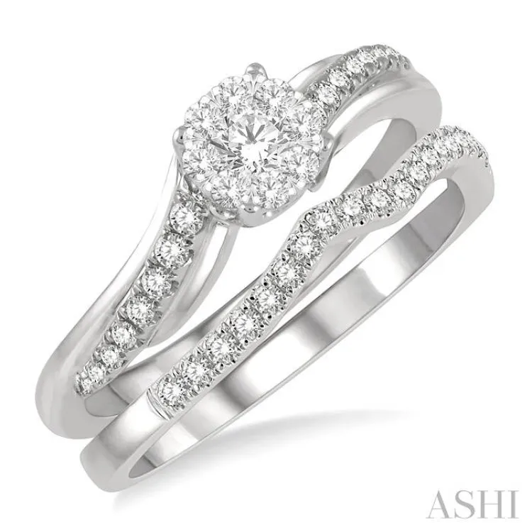 1/2 ctw Lovebright Diamond Wedding Set With 1/3 ctw Circular Mount Bypass Engagement Ring and 1/6 ctw Chevron Wedding Band in 14K White Gold