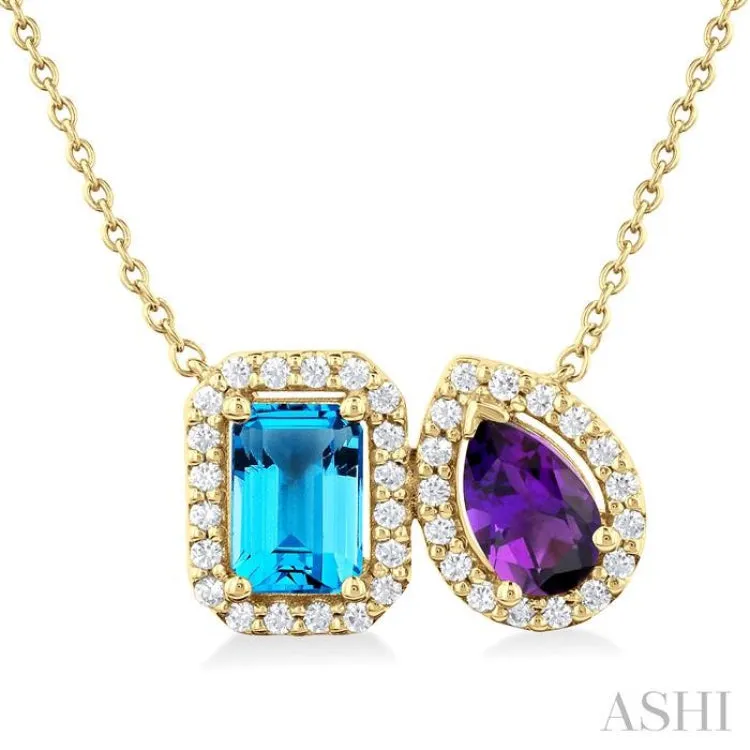 1/4 ctw Toi Et Moi 7X5MM Emerald Cut Blue Topaz & Pear Cut Amethyst and Round Cut Diamond Necklace in 14K Yellow Gold