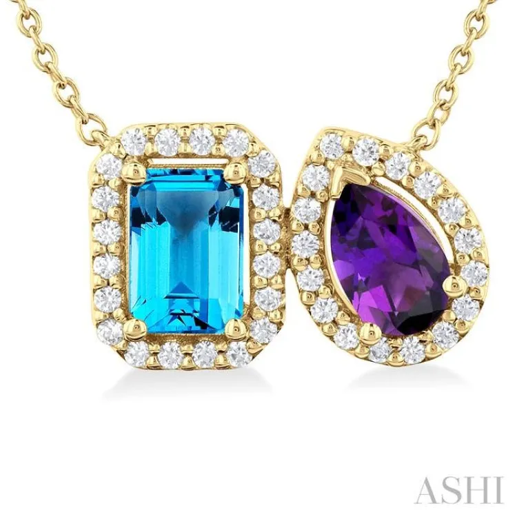 1/4 ctw Toi Et Moi 7X5MM Emerald Cut Blue Topaz & Pear Cut Amethyst and Round Cut Diamond Necklace in 14K Yellow Gold