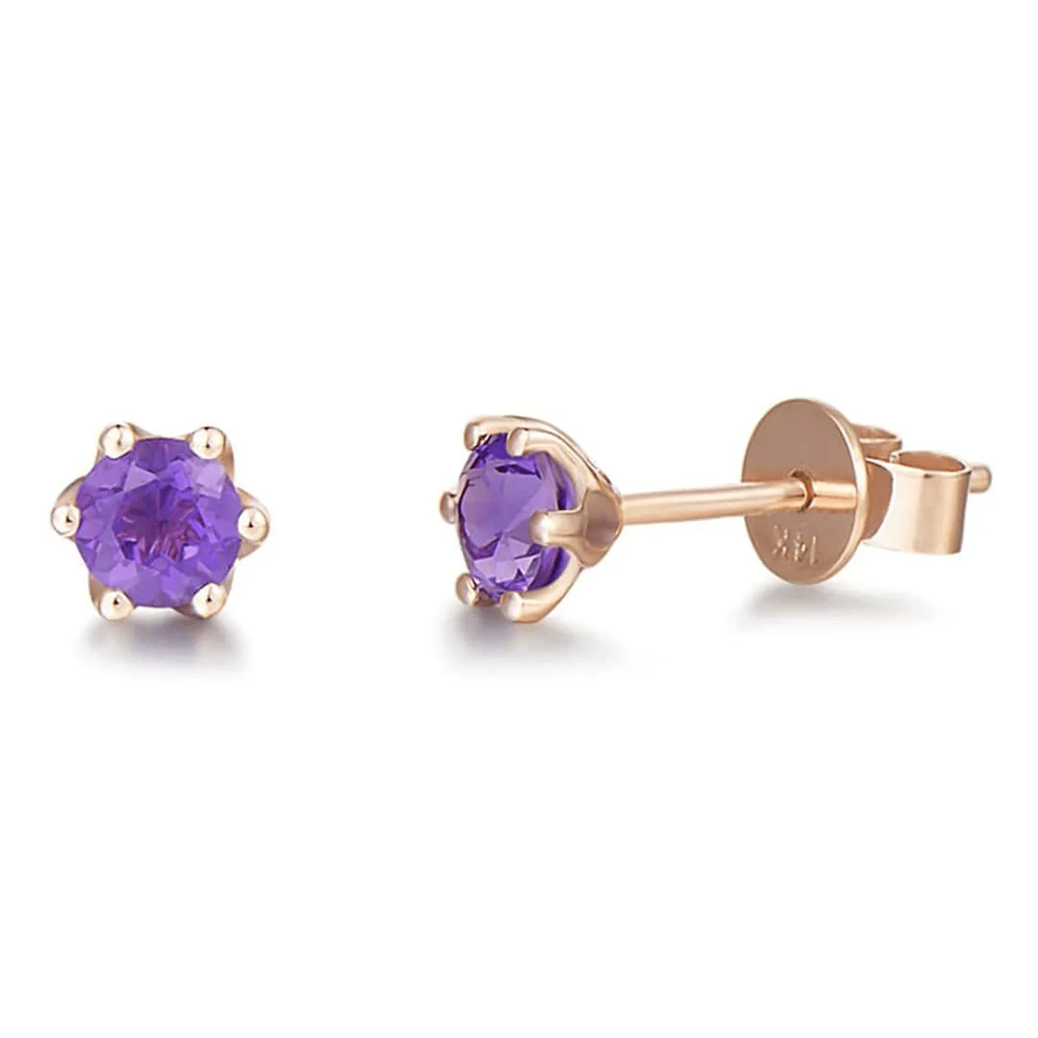 14K Rose Gold Diamond Cut Solitaire Tiny 0.5 Carat Genuine Amethyst Small Stud Earrings