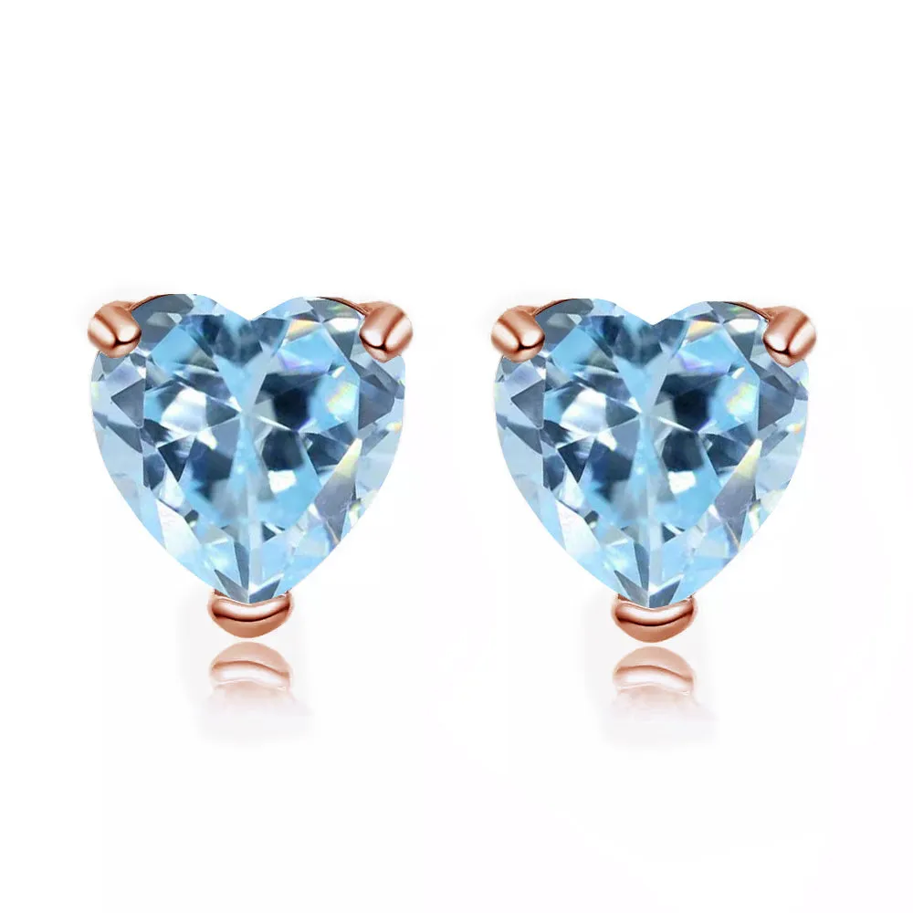 14k Rose Gold  Plated 1/2 Carat Heart Created Aquamarine Sapphire Stud Earrings