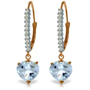 14K Solid Rose Gold Leverback Earrings w/ Natural Diamonds & Aquamarine