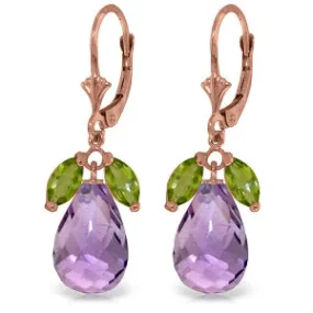 14K Solid Rose Gold Leverback Earrings w/ Peridot & Amethysts