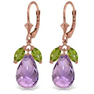 14K Solid Rose Gold Leverback Earrings w/ Peridot & Amethysts