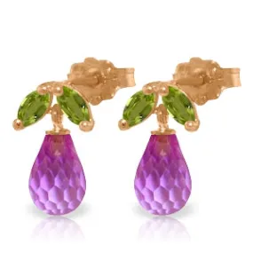 14K Solid Rose Gold Stud Earrings w/ Peridot & Pink Topaz