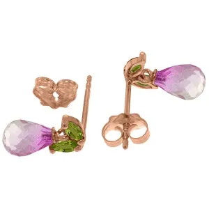 14K Solid Rose Gold Stud Earrings w/ Peridot & Pink Topaz