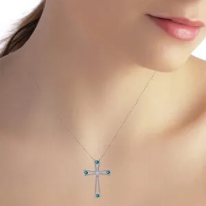 14K Solid White Gold Cross Necklace w/ Natural Diamond & Blue Topaz