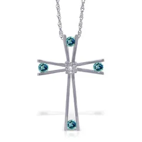 14K Solid White Gold Cross Necklace w/ Natural Diamond & Blue Topaz