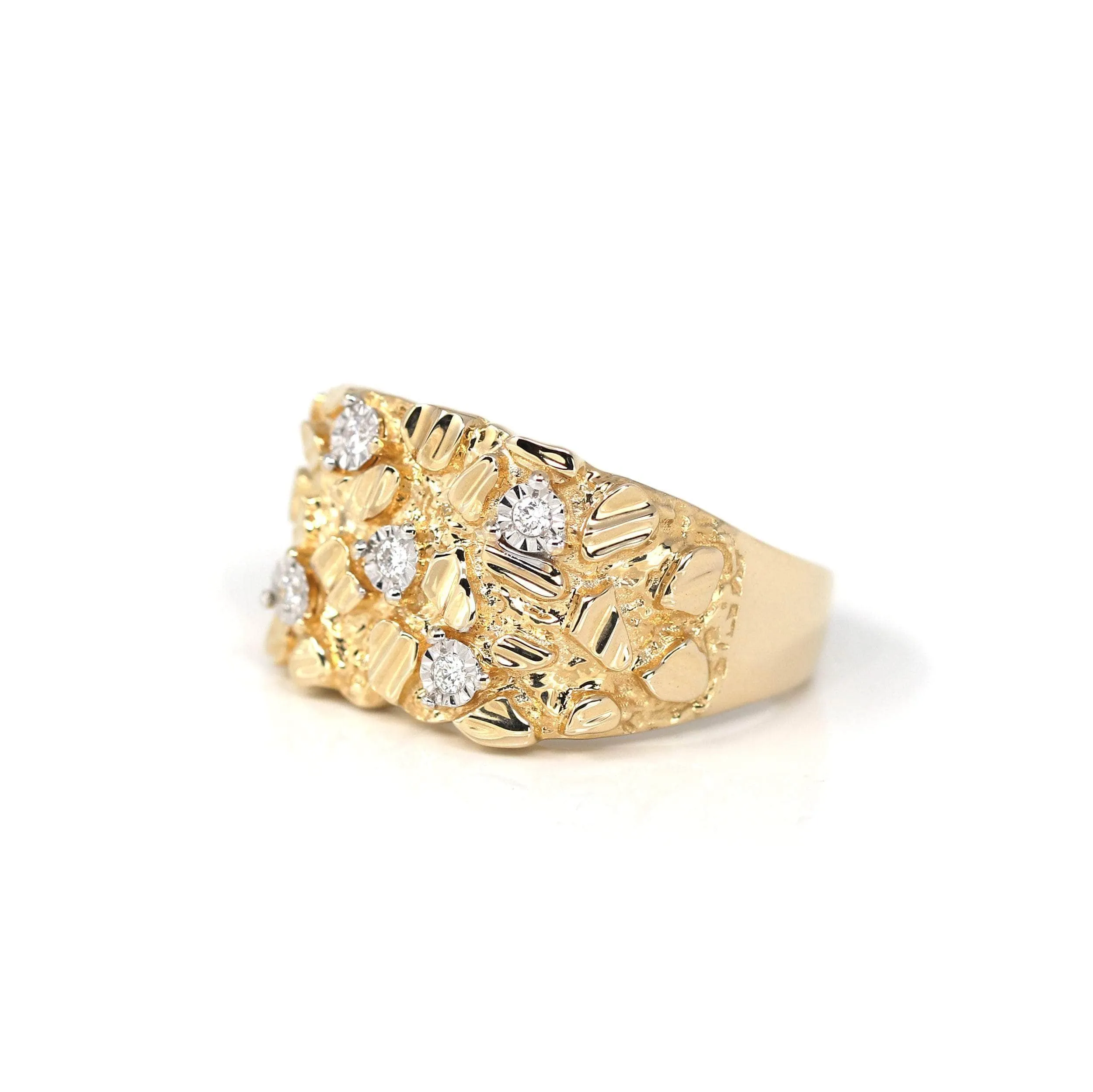 14k Solid Yellow Gold Nugget VS1 Diamond Men's Big Band Ring