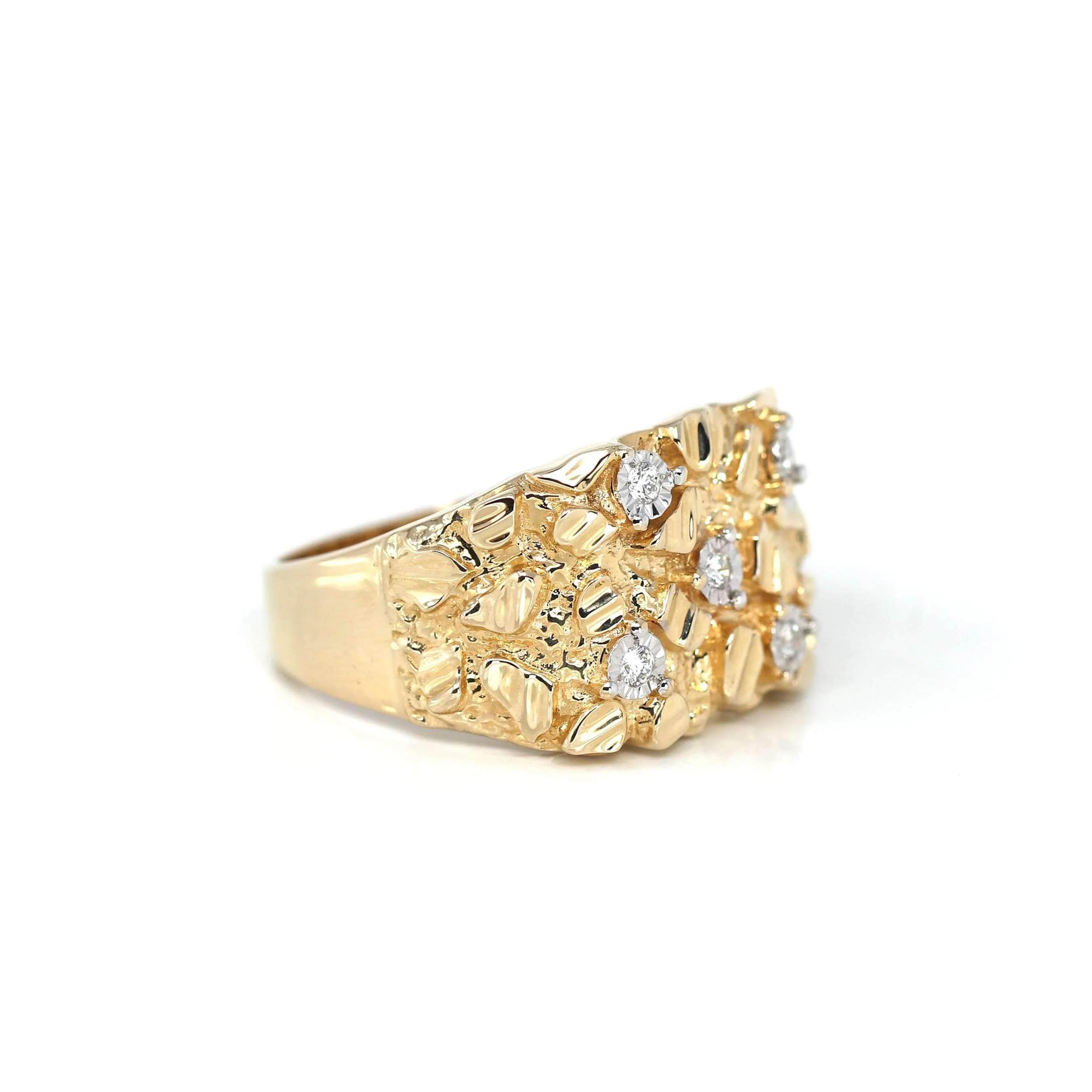 14k Solid Yellow Gold Nugget VS1 Diamond Men's Big Band Ring