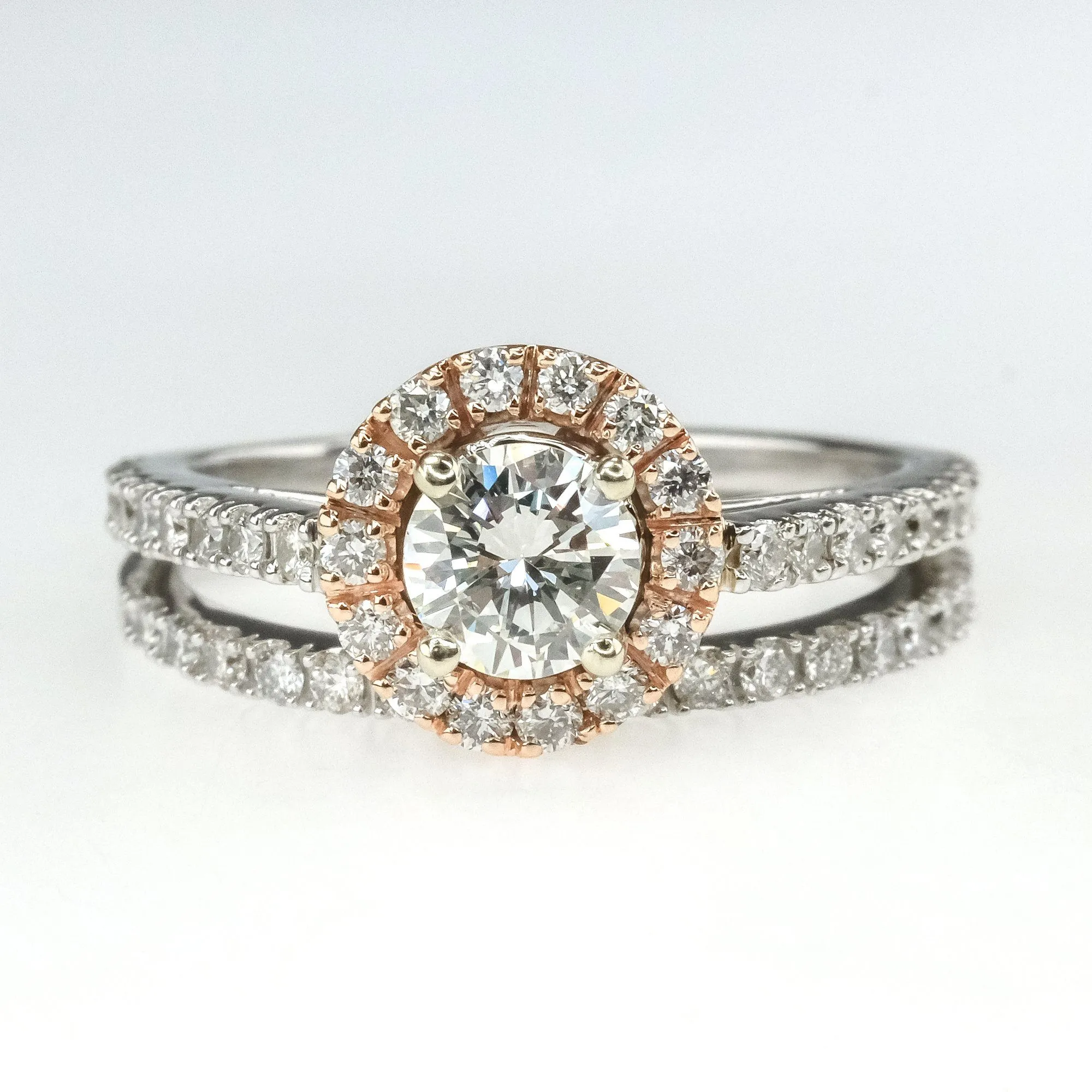 14K Two Tone Gold GIA 0.45ct Round Diamond VS1/K Halo & Accented Bridal Ring Set