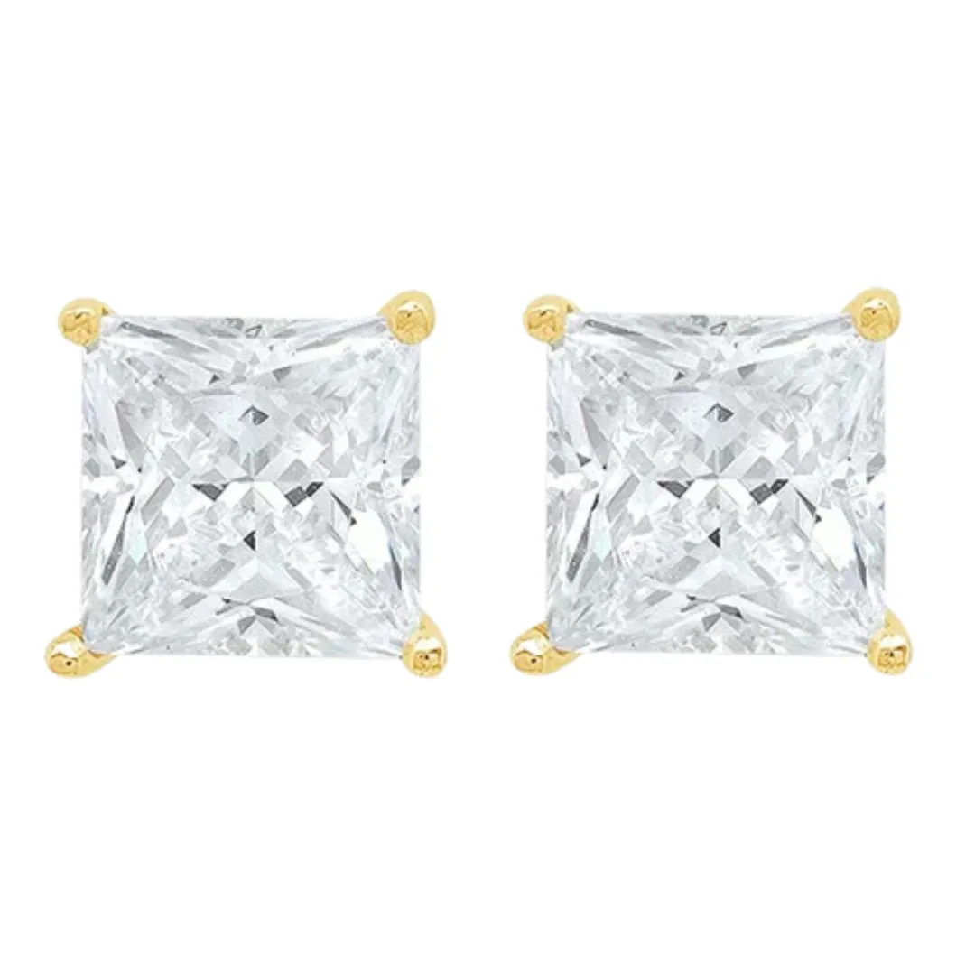 14k White And Yellow Gold 1/2 Carat Solitaire Created Diamond 2 Pair Princess Stud Earrings