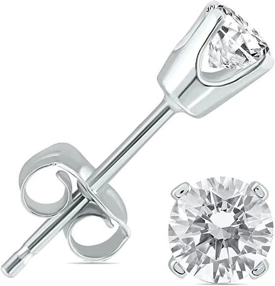 14k White Gold 1 Carat 4 Prong Solitaire Genuine White Diamond Stud Earrings