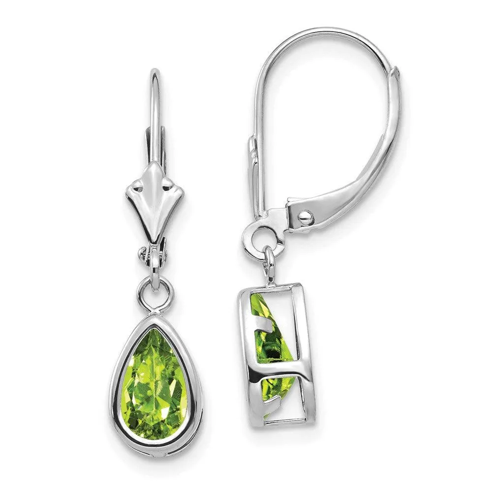 14k White Gold 8x5mm Pear Peridot Leverback Earrings