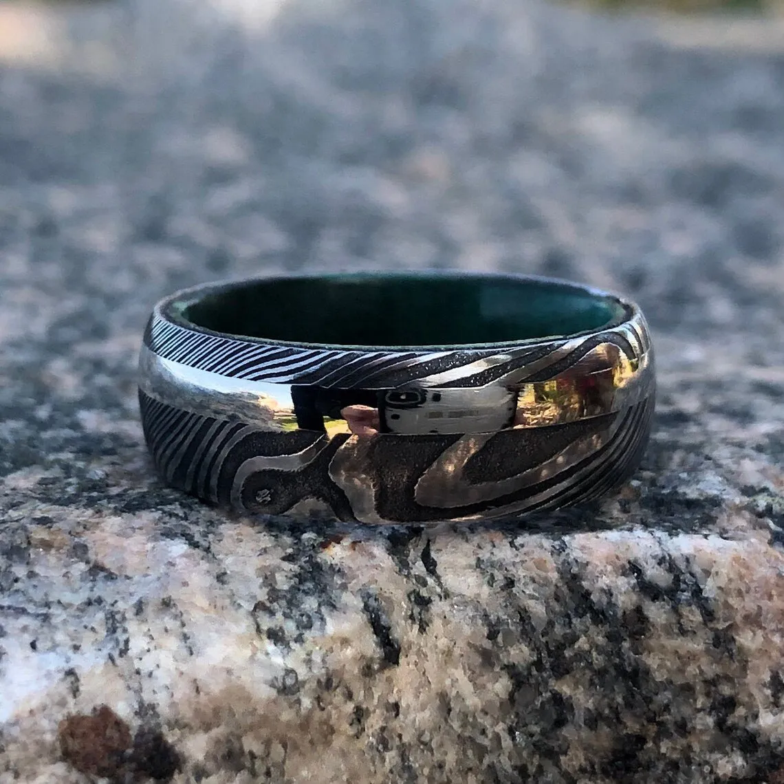 14k White Gold Damascus Steel Wedding Ring with Green Box Elder Burl Sleeve