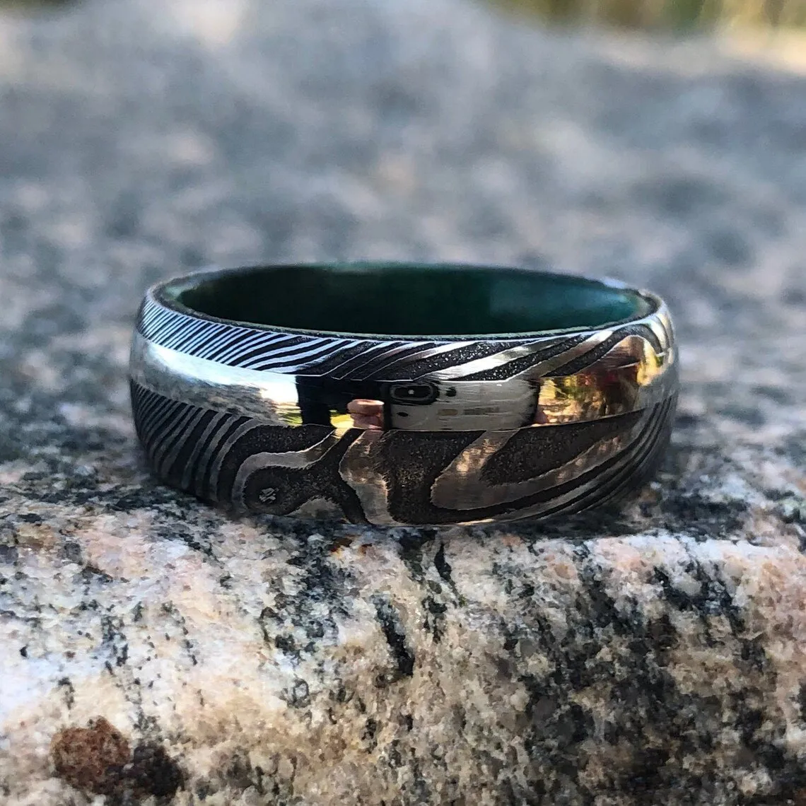 14k White Gold Damascus Steel Wedding Ring with Green Box Elder Burl Sleeve