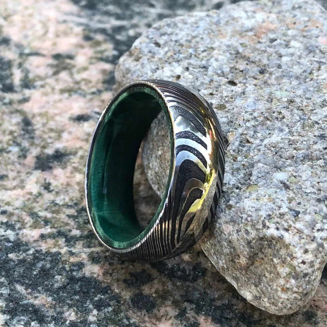 14k White Gold Damascus Steel Wedding Ring with Green Box Elder Burl Sleeve