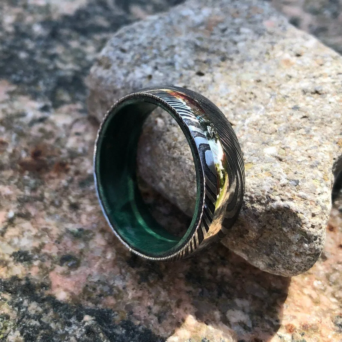 14k White Gold Damascus Steel Wedding Ring with Green Box Elder Burl Sleeve