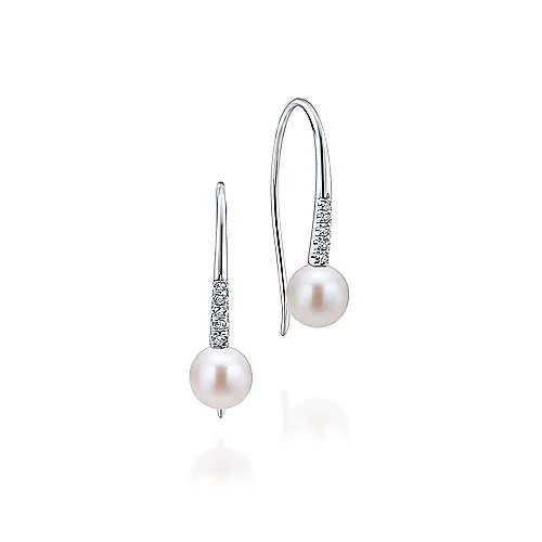 14K White Gold Diamond and Cultured Pearl Drop Earrings