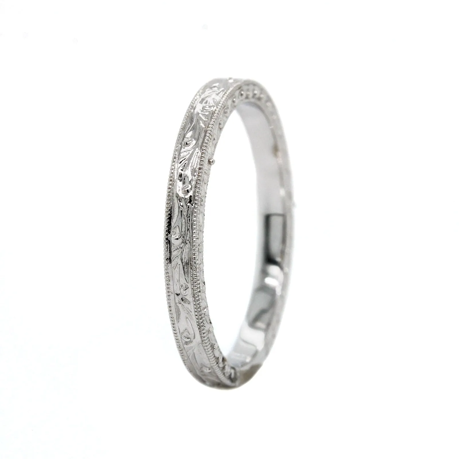 14K White Gold Engraved Milgrain Band