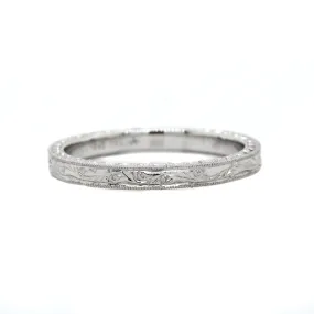 14K White Gold Engraved Milgrain Band