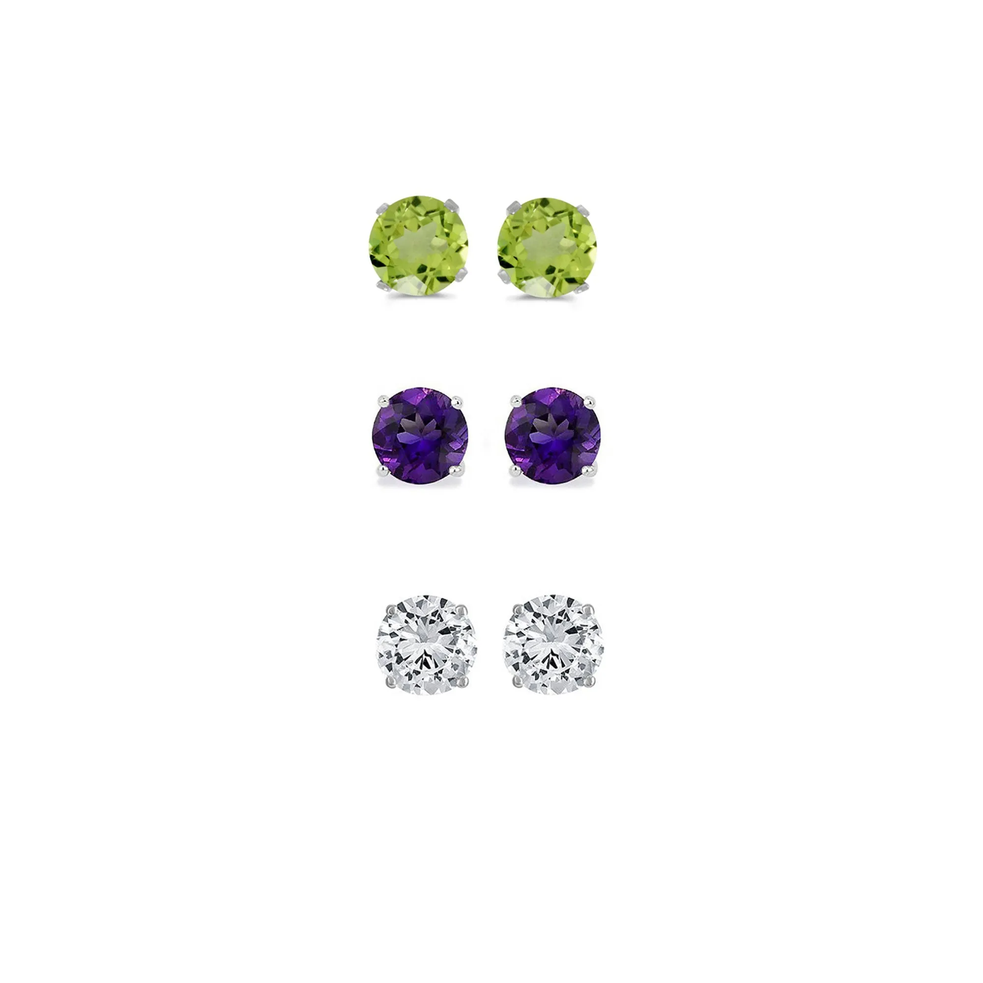 14k White Gold Plated 2Ct Created Peridot, Amethyst and White Sapphire 3 Pair Round Stud Earrings