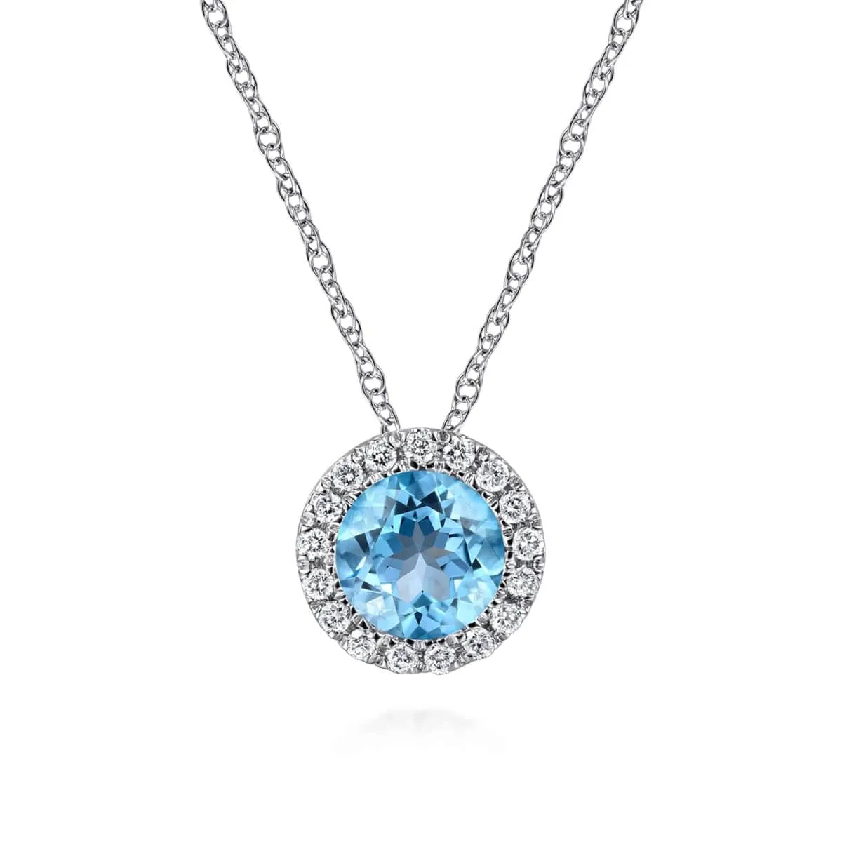 14K White Gold Round Swiss Blue Topaz and Diamond Halo Necklace - NK2824W45BT