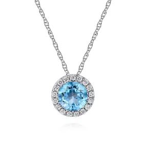 14K White Gold Round Swiss Blue Topaz and Diamond Halo Necklace - NK2824W45BT