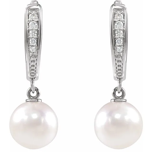 14K White or Yellow Gold Cultured White Akoya Pearl & .03 Natural Diamond Lever Back Earrings