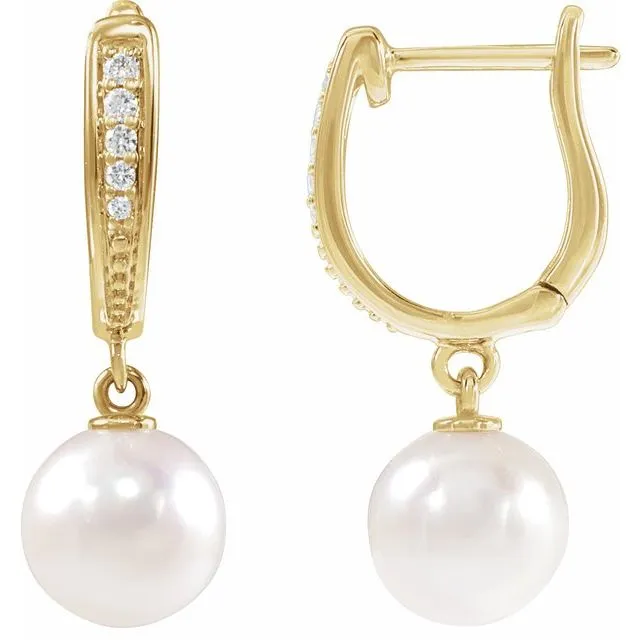 14K White or Yellow Gold Cultured White Akoya Pearl & .03 Natural Diamond Lever Back Earrings