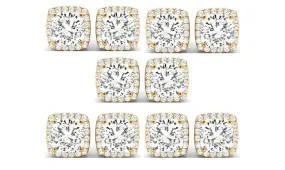 14k Yellow Gold 4mm 2Ct Cushion Cut White Sapphire Set Of Five Halo Stud Earrings Plated