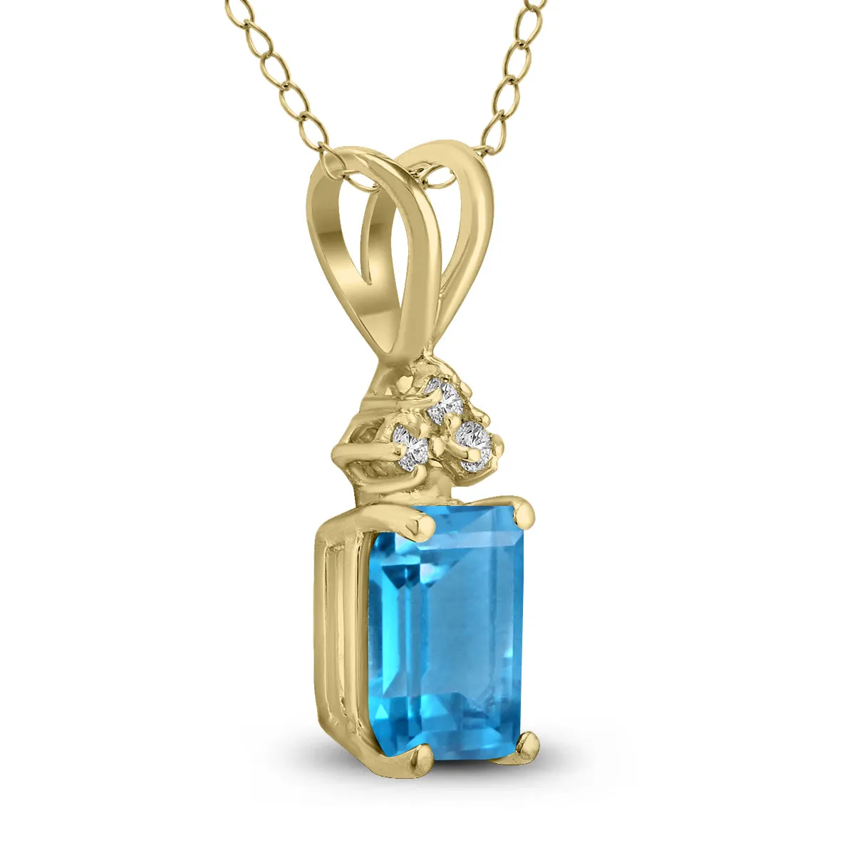 14K Yellow Gold 8X6Mm Emerald Shaped Blue Topaz And Three Stone Diamond Pendant