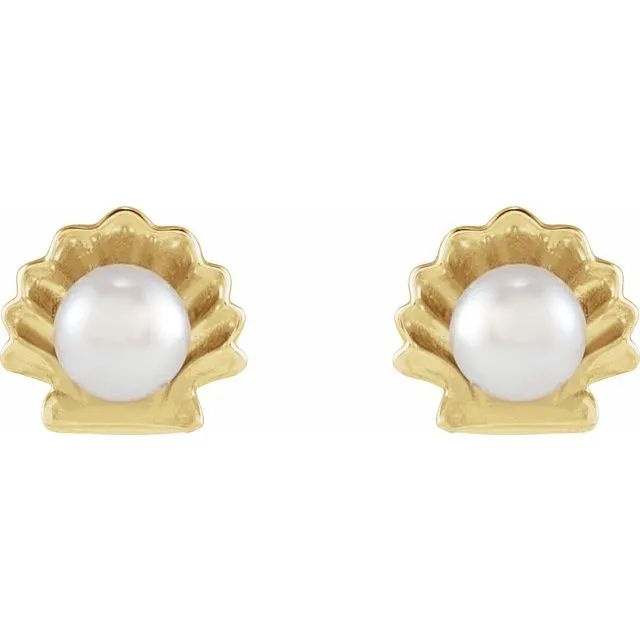 14K Yellow Gold Cultured White Seed Pearl Shell Earrings