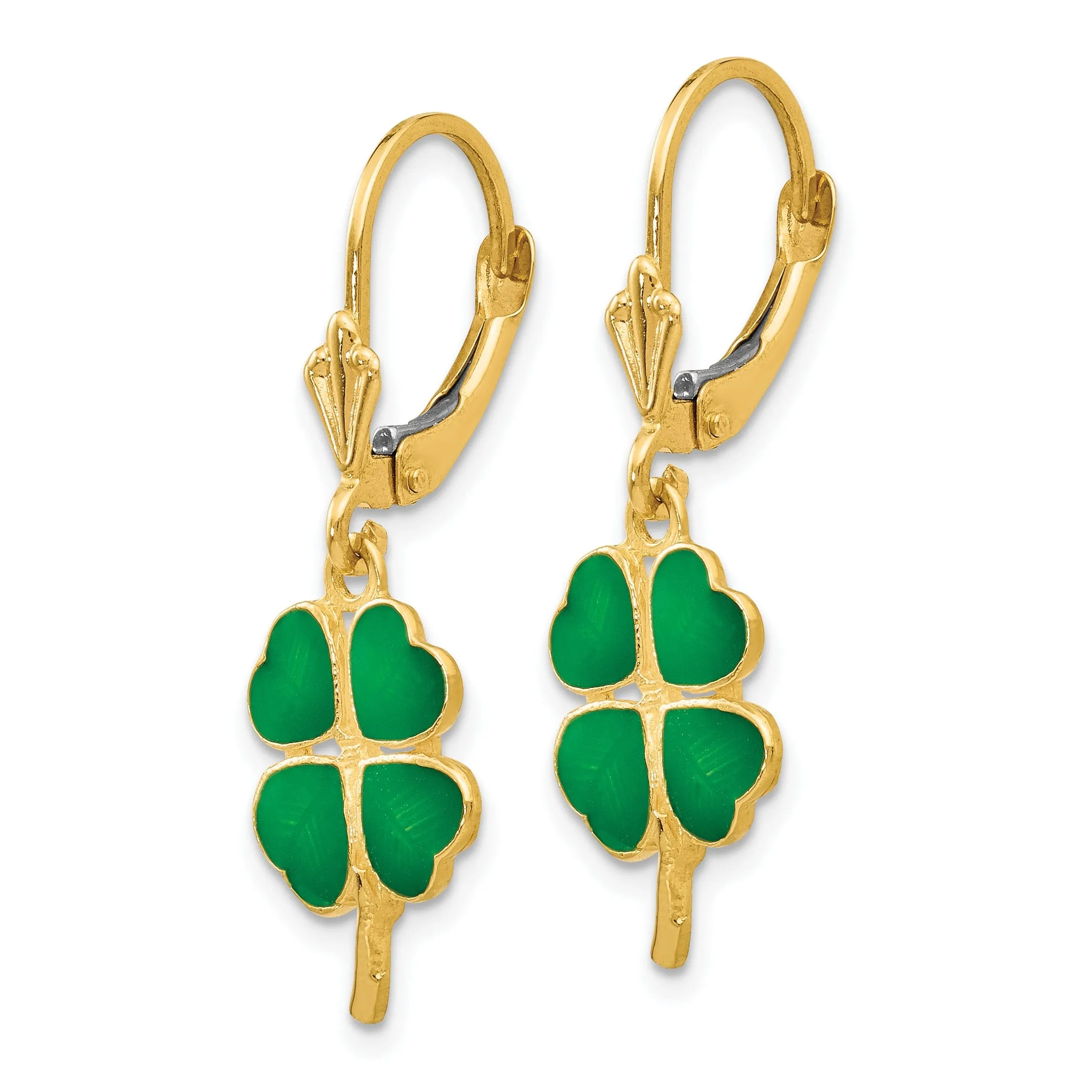 14k Yellow Gold Enameled Clover Leverback Earrings