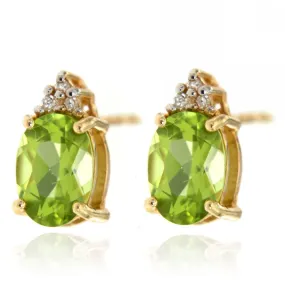 14k Yellow Gold Green Peridot Gemstone and Diamond Stud Earrings, Birthstone of August