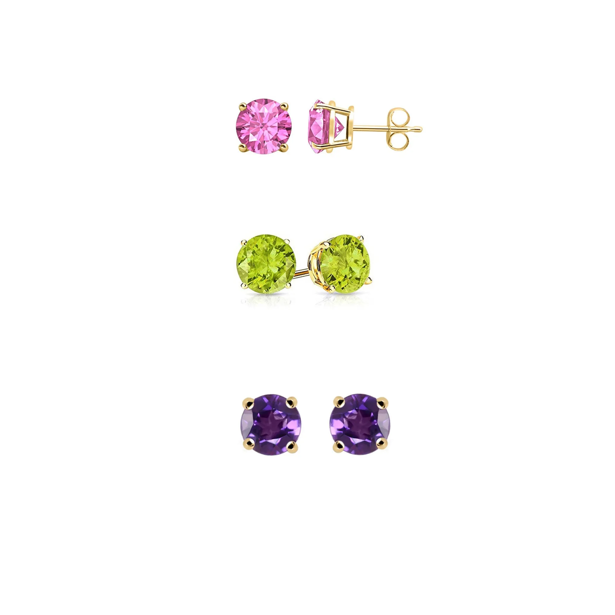 14k Yellow Gold Plated 1Ct Created Pink Sapphire, Peridot and Amethyst 3 Pair Round Stud Earrings