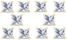 14k Yellow Gold Plated 1Ct Princess Cut White Sapphire Set Of Five Stud Earrings