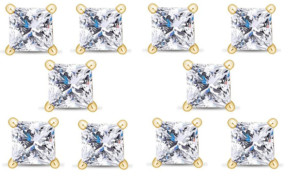 14k Yellow Gold Plated 1Ct Princess Cut White Sapphire Set Of Five Stud Earrings