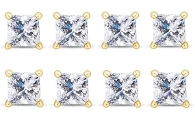 14k Yellow Gold Plated 4Ct Princess Cut White Sapphire Set Of Four Stud Earrings