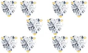 14k Yellow Gold Plated 6mm 1/2Ct Heart White Sapphire Set Of Five Stud Earrings