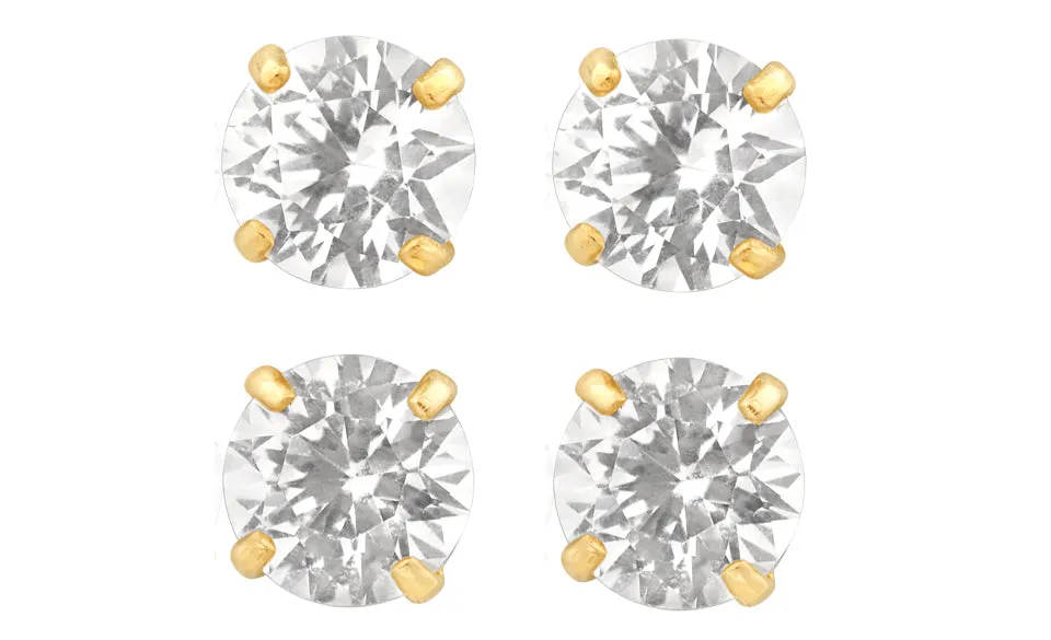 14k Yellow Gold Plated 6mm 1Ct Round White Sapphire Set Of Two Stud Earrings