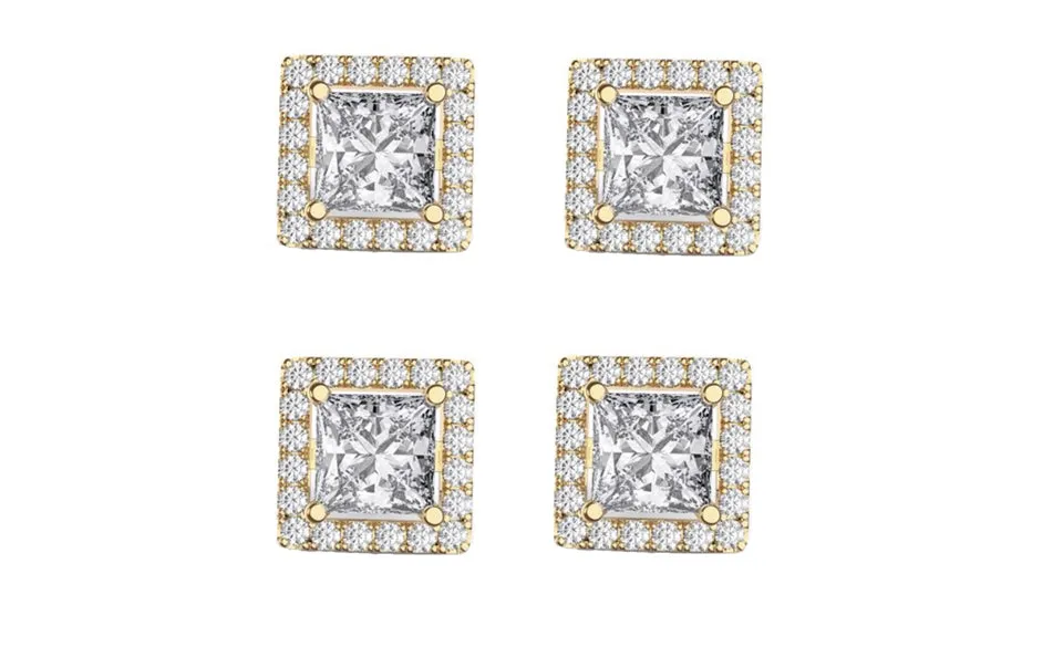 14k Yellow Gold Plated 6mm 1Ct Square Cut White Sapphire Set of Two Halo Stud Earrings