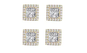 14k Yellow Gold Plated 6mm 1Ct Square Cut White Sapphire Set of Two Halo Stud Earrings