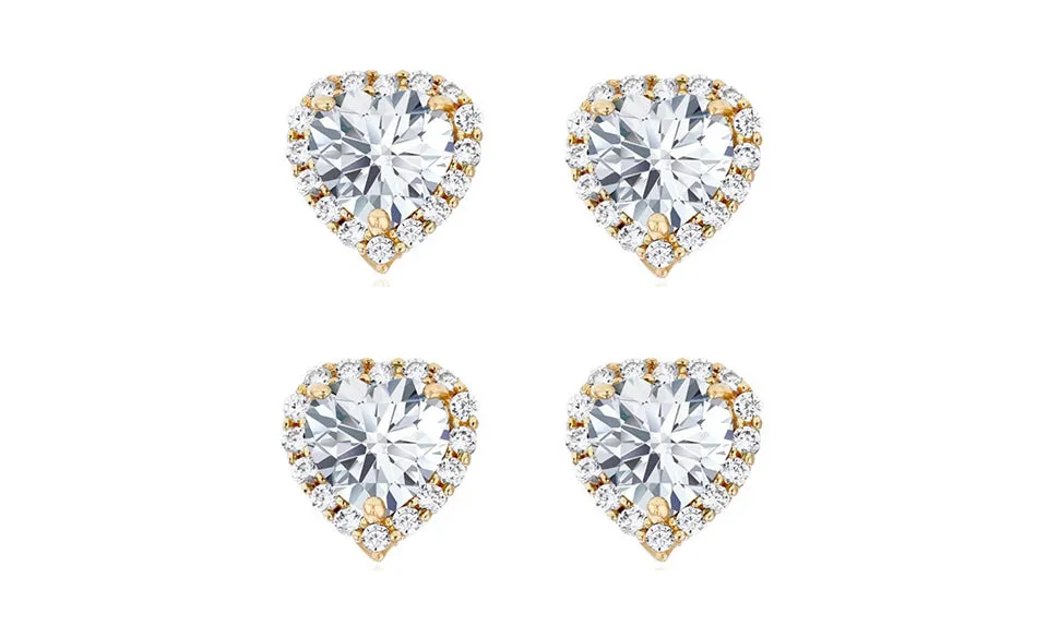 14k Yellow Gold Plated 6mm 4Ct Heart White Sapphire Set of Two Halo Stud Earrings