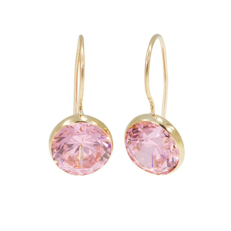 14K Yellow Gold Round Pink Cubic Zirconia 8mm Dangle Earrings