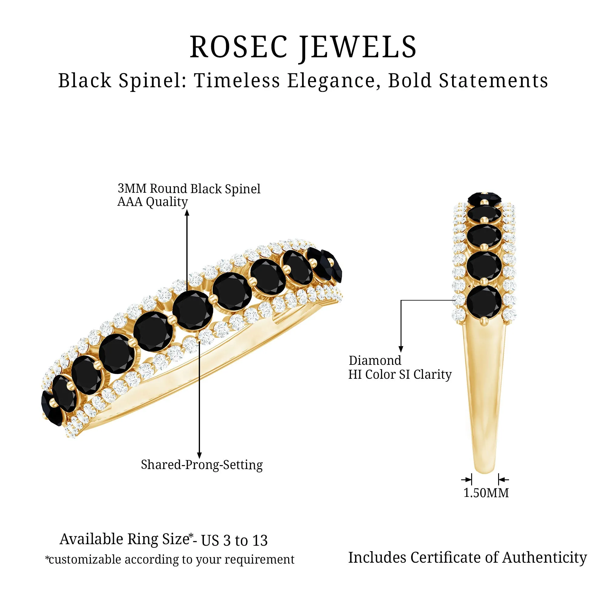 1.75 CT Round Shape Black Spinel and Diamond Classic Band